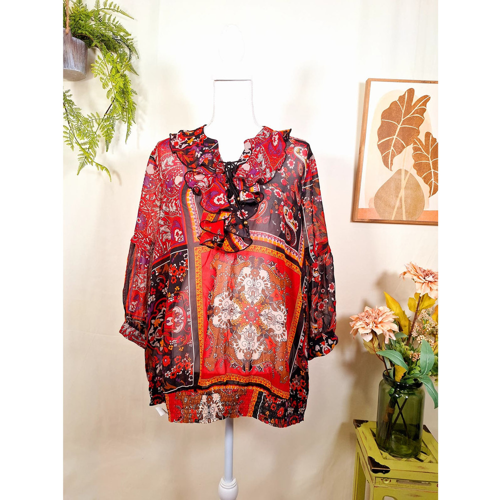 Madison Paige II Women's Sheer 3/4 Sleeve Blouse V-Neck 1X